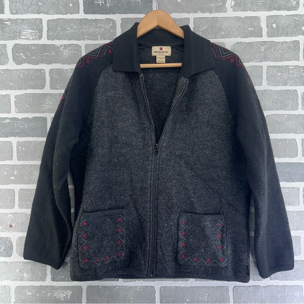 Woolrich 100% Wool Black and Charcoal Zippered Jacket Size Large